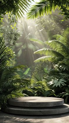 an empty concrete platform in the middle of a jungle with sunbeams and palm trees