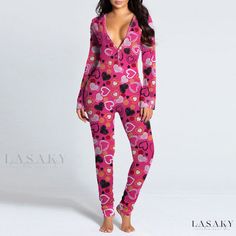 Lasaky - Sleek Bodysuit with Printed Design, Slim Fit and Comfortable, Functional Button Flap Adult Pajamas Romper Women, Jumpsuit Long Sleeve, Bodybuilding Clothing, Jumpsuit Long, Lip Print, Adult Pajamas, Y2k Aesthetic Outfits, Jumpsuit Pattern, Lips Print