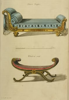 an old book with two different types of furniture on top of each other, one is blue and the other has gold trimmings