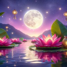 a painting of water lilies in front of a full moon with lanterns hanging from the ceiling