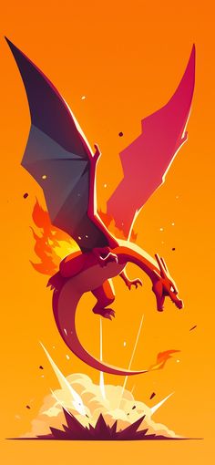 a red dragon flying through the air on top of an orange background with fire coming out of its wings