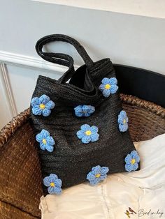 BirdinBag - Vacation-Style Double Handle Flower Decor Straw Bag Vacation Bag, Inch Bag, Word Wrap, Flower Decor, Vacation Style, Bags Tote, Shoulder Tote Bag, Black Decor, Shoulder Tote