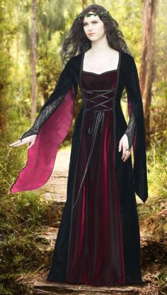 Medieval Style 'Damselle Dress' - Last few CLEARANCEMessage Seller$145.71 Gothic Satin Dress For Costume Party, Halloween Satin Dress, Halloween Velvet Party Dress, Black Gothic Satin Dress, Velvet Corset Dress For Costume Party, Velvet Evening Dress For Halloween, Elegant Satin Corset Dress For Costume, Black Satin Dress For Costume Party, Red Velvet Dress With Fitted Bodice