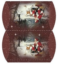 two pictures of santa claus and his reindeers in the woods with snow on them