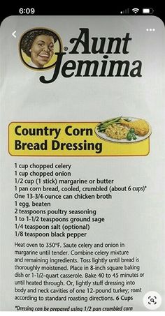 an ad for the country corn bread dressing recipe on a cell phone screen, with instructions to make it easy and delicious