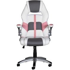 a white and black office chair with pink trimmings on the back, in front of a white background