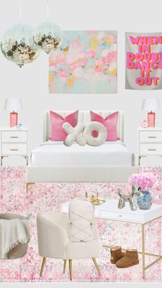 a bedroom with pink and white decor on the walls