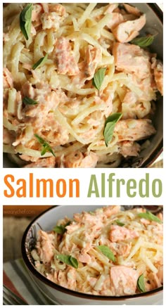 salmon alfredo in a skillet with the title above it and an image of salmon alfredo