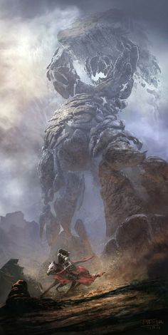 an image of a giant creature in the middle of a mountain with two men on it