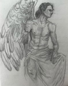 a pencil drawing of an angel sitting on top of a chair with his hands in his pockets