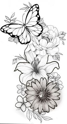 some flowers and two butterflies on a white background