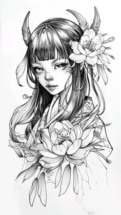 a drawing of a girl with horns and flowers on her head, in black and white