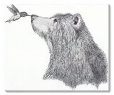 a drawing of a bear with a bird on its nose