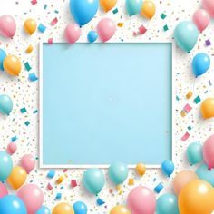 balloons and confetti are scattered around a square frame on a white background with pastel blue