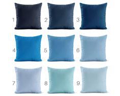 six different colors of pillows on white background