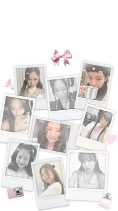 many different pictures are arranged together on a white background with pink ribbons and bows around them