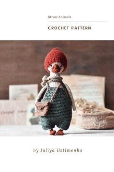 a knitted doll wearing a red hat and green dress, with the title crochet pattern by julia uttemenko