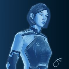 a drawing of a woman in blue and black with her hands on her hips, looking to the side