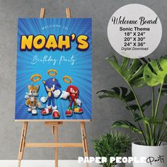 an easel next to a potted plant and a sign that says noah's birthday party