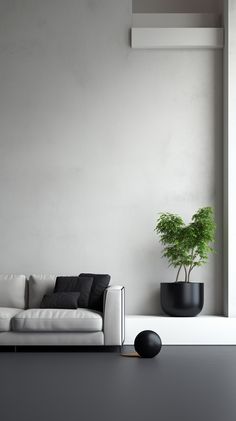 a white couch sitting next to a potted plant on top of a black table