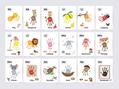 several pictures of different hand prints with animals and letters on them, including the letter u