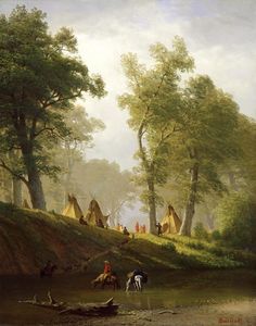 an image of a painting of people camping in the woods with teepees and horses