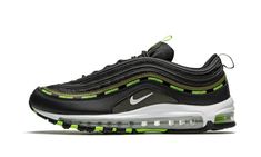 The Undefeated x Nike Air Max 97 “Black/Volt” is one of two Holiday 2020 colorway of the late-90s performance runner produced in collaboration between the Los Angeles based retailer and Nike.  The “Black/Volt” is yet another strong addition to Undefeated’s storied catalog of hype-inducing Air Max 97 colorways.  Following looks such as the “Olive” and “Black” designs from 2017, the “Black/Volt” is a desirable shoe for fans of streetwear and Air Max shoes.  Its look consists of reflective black wavy panels layered over a tonal mesh base.  A Midwest Gold panel appears above a panel that features Volt colored Undefeated text.  The same hue of Midwest Gold can be found on the circular synthetic overlay with neon green Swoosh branding stitched onto the black mesh tongue.  A small white embroider Nike Air Max 97 Black, Male Shoes, Girl Outfit Ideas, Black Designs, Slip Resistant Shoes, Chunky Heel Ankle Boots, Sneakers Collection, Air Max Shoes, Womens Combat Boots