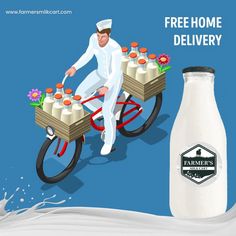 a man riding a bike with milk on it and an advertisement for farmer's market