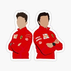 two men in red racing suits with their arms crossed and looking at the camera sticker