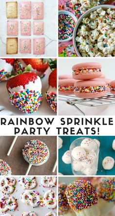 rainbow sprinkle party treats collage with text overlay that reads, rainbow sprinkle party treats