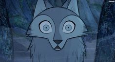 an animated image of a wolf in the woods with eyes wide open and looking at something