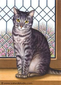 a painting of a cat sitting in front of a window with pink flowers behind it