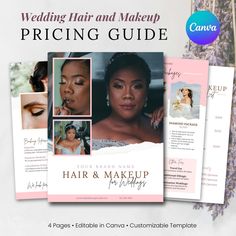 the wedding hair and makeup pricing guide is displayed in front of an image with lavender flowers