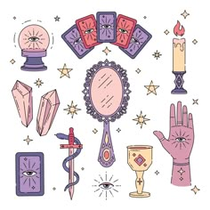 an assortment of hand drawn items including a mirror, candles, and other things on a white background