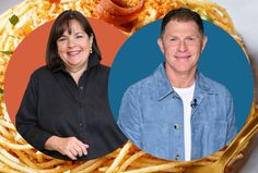 two people standing next to each other in front of a plate of food with french fries on it