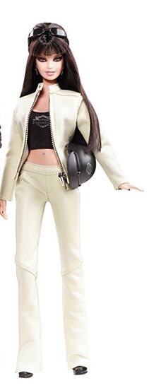 a barbie doll wearing white pants and black top with sunglasses on her head, standing in front of a white background