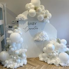 On cloud nine ☁️ Clouds Birthday Decoration, In The Clouds Gender Reveal, Cloud Balloon Decor, Cloud Nine Table Centerpieces, Cloud Nine Decorations, White Themed Gender Reveal, On Cloud Nine Balloon Arch, Cloud Nine Baby Shower Theme Girl, On Cloud Nine Backdrop