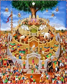 an elaborately decorated painting with horses and people in front of a large tree, surrounded by other figures