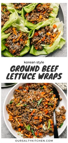 lettuce wraps with ground beef and carrots in them on a white plate