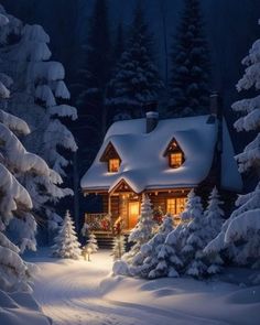 a cabin in the woods is lit up at night with christmas lights on it's windows