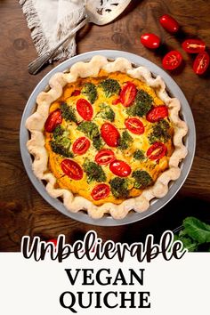 an unbelevable vegan quiche with broccoli and tomatoes