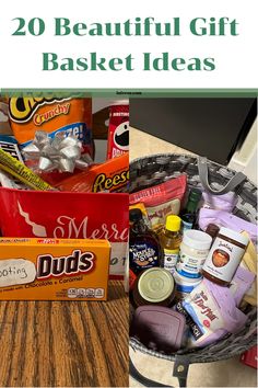 a basket filled with lots of different types of food on top of a wooden table