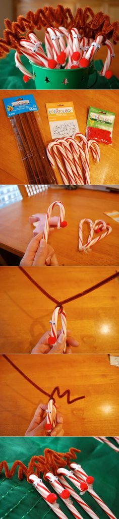 candy canes are arranged on the table for display