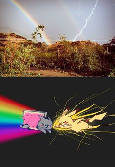 two pictures one with a pokemon and the other with a rainbow