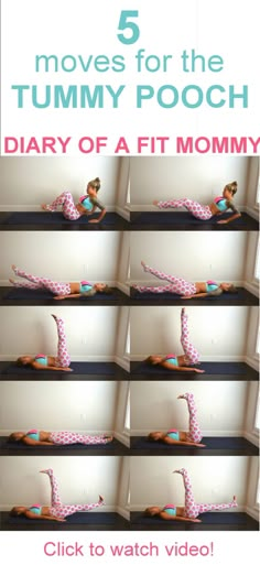 there is an image of a woman in pink dress on a shelf with the words 5 moves for the tummy pooch diary of a fit mommy