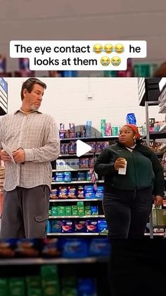 two people standing in a grocery store talking to each other and one person holding a cup