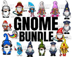 gnomes with different hats and colors are shown in this graphic design, which reads gnome bundle