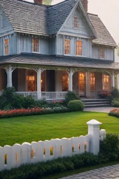 A large, two-story Victorian-style house with a well-kept garden and white picket fence. Beautiful Farmhouse Exterior, Classic White Farmhouse, Modern Farmhouse Exterior Colors, Rustic House Exterior, Farmhouse Exterior Colors, Moody Farmhouse, Farmhouse Craftsman, Farmhouse Exterior Design, Black Shutters