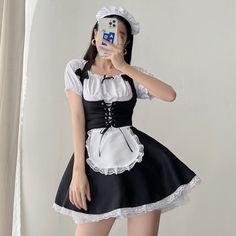 White and Black Sexy Japanese Lolita Cosplay Maid Dress Condition: Brand NewColor: White and BlackSize: S-5XLMaterial: Cotton and PolyesterSleeves: Short SleevesIncluded: dress + waistband + headwear Maid Dress Uniform, Maid Outfit Anime, Maid Cosplay, Low Cut Dresses, Maid Outfit, White Corset, Maid Dress, Lolita Dress, Corset Dress