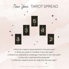 a new year's tarot spread with four squares and the number five on them